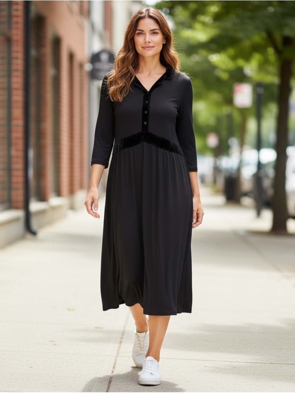 Vintage 90s Russ Berens Malibu Black Velvet Trim Midi Dress L Made USA